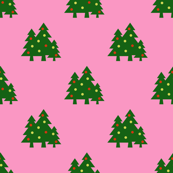 Płynny wzór. Wizerunek zielonych choinek z kulkami na fioletowym tle. Symbol Nowego Roku i Bożego Narodzenia. wzór do nakładania na powierzchnię. Obraz 3D. 3d renderowanie - Zdjęcie, obraz