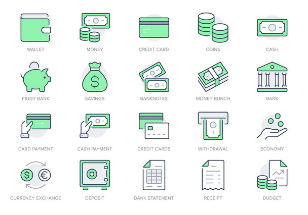 Money line icons. Vector illustration include icon - currency exchange, payment, withdraw, wallet, credit card, invoice, receipt outline pictogram for banking. Editable stroke, Green color - Vector, Image