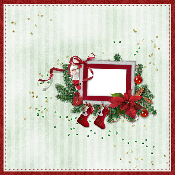 A Christmas card with a place for your photos. Christmas tree toys, Christmas tree branches in the form of decor. Christmas tree.Snowflakes. - Foto, Imagen