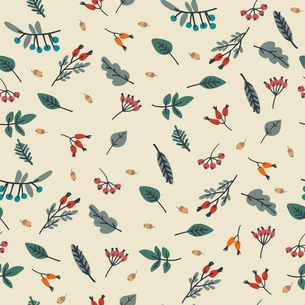 Płynny wzór z jagodami i liśćmi na beżowym tle. Koncepcja jesieni - Wektor, obraz