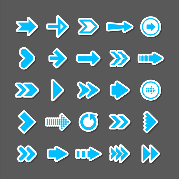 Bunte Pfeil-Sticker Set. Blaue Cursor-Symbole, Zeigersammlung. Einfache Pfeile in verschiedenen Formen. Als nächstes, zurück zu den Webzeichen. Vektorillustration. - Vektor, Bild