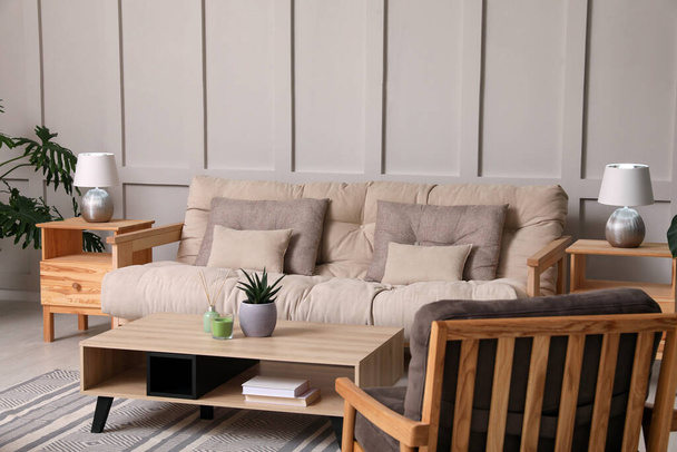 Stylish living room interior with comfortable sofa, armchair and beautiful plants - Φωτογραφία, εικόνα