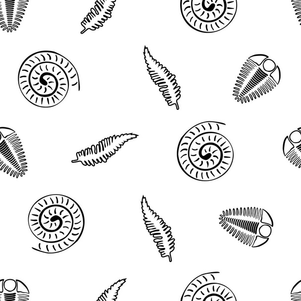 三重石鉄酸アンモナイトベクトルシームレスなパターンの背景。手描きのらせん状の貝の頭足類と節足動物のリブ状の化石、シダ。絶滅した海洋捕食者と植物の生活の背景。教育のため - ベクター画像