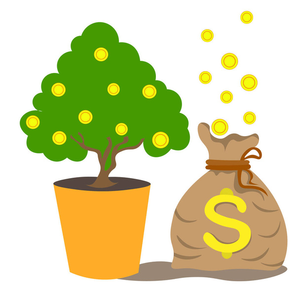 Денежное дерево в оранжевом горшке с золотыми монетами, есть мешок денег на стороне. концепция инвестиций и сбережений, доходов, роста монет, денег, доходов. Верхняя векторная иллюстрация. - Вектор,изображение