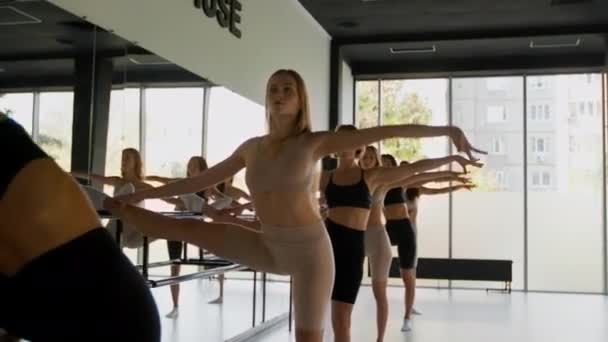 Próba baletu. Powiększ ujęcie grupy młodych tancerek ćwiczących ruchy w pobliżu barierki, pochylając się w pobliżu lustra - Materiał filmowy, wideo