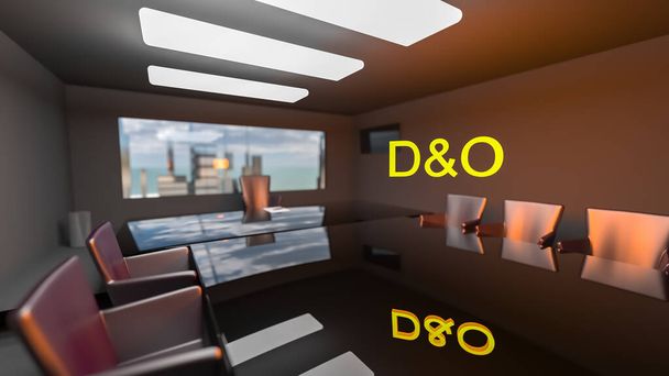 D y O. Responsabilidad de directores y funcionarios Concepto de seguro. Oficina de directores con una gran mesa y rascacielos fuera de la ventana. renderizado 3d - Foto, imagen