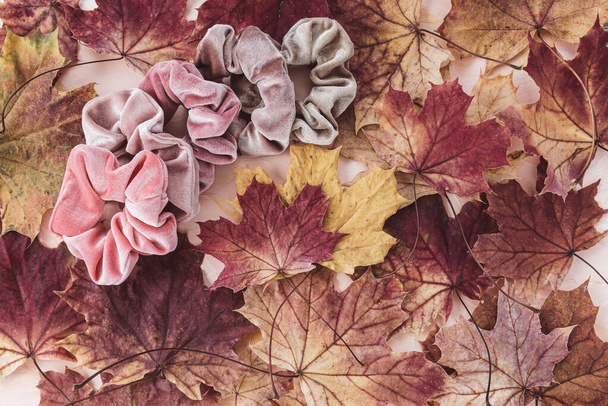 トレンディなベルベットのスクランチと秋のカエデの葉 - 写真・画像