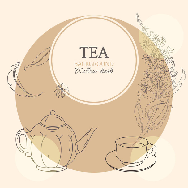 Banner teáskanna, egy csésze tea és egy ág virágok és levelek tűzfű. - Vektor, kép