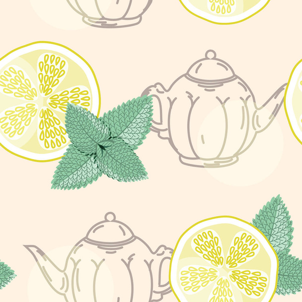 lemon slices, mint leaves and teapot. Seamless pattern - Διάνυσμα, εικόνα