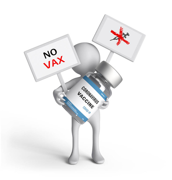 Malý muž drží injekční lahvičku s vakcínou Covid-19 v rukou a je označen textem No Vax a symbolem injekční stříkačky s červeným x. 3D ilustrace - Fotografie, Obrázek