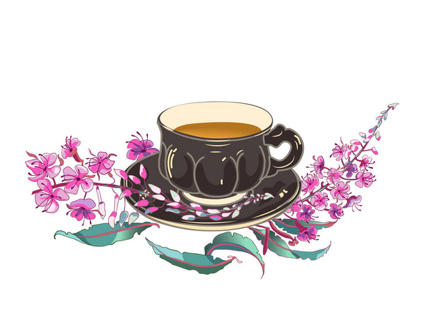 Willow-herb tea, ivan-tea Medicinal plant. Branch of fireweed flower on white background. - Vector, Imagen