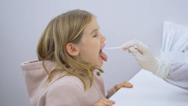 a little girl is given a PCR test for coronavirus infection.  - 写真・画像