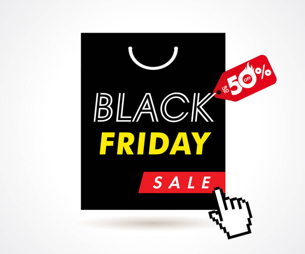 Black Friday sale bag shopping with 50% off label. Special offer text with red tag for best buy template. Autumn advertising vector illustration - Vektori, kuva