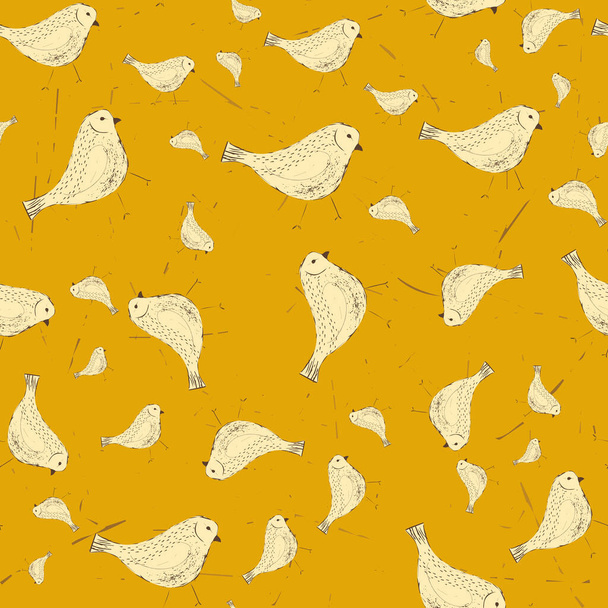 shaggy mano disegnato uccello in tutte le direzioni su uno sfondo giallo e texture senza soluzione di continuità ripetizione modello stampa bachground - Vettoriali, immagini