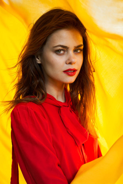 cheerful woman in red dress makeup yellow cloth posing - 写真・画像