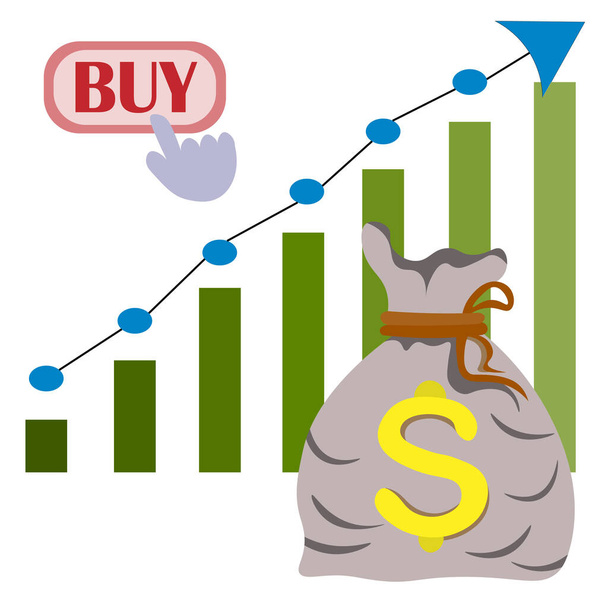 growth chart is shown with an up arrow. bag of money and "BUY" button. concept of economic income growth, earnings, buying and selling shares, investments. best vector illustration about business - Vector, Image