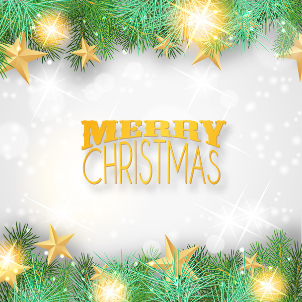 Christmas background with yellow ornaments and branches - Vector, imagen