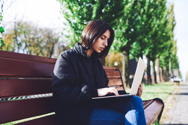 Side view of focused ethnic female freelancer sitting on wooden bench and using modern laptop while doing work task on street - Φωτογραφία, εικόνα