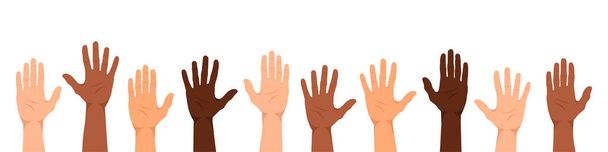 Eine multiethnische Gruppe von Menschen mit erhobenen Händen. Die Handflächen von Menschen mit einer anderen Hautfarbe. - Vektor, Bild