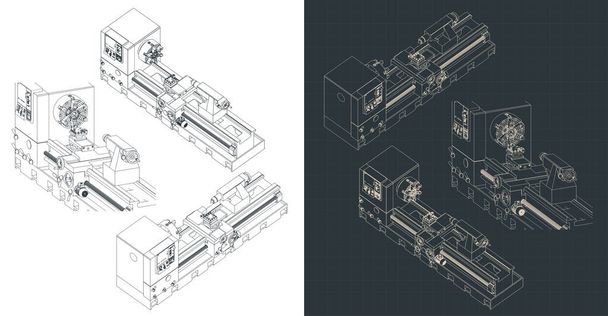 Illustrazione vettoriale stilizzata di schemi isometrici del tornio meccanico - Vettoriali, immagini