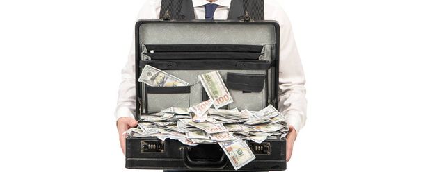 cropped briber holding case full of dollar cash isolated on white background, corruption - Photo, Image