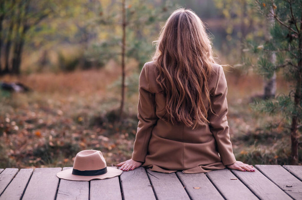 Visão traseira de uma mulher sentada em uma ponte de madeira na floresta, relaxando na natureza. Pessoas, estilo de vida, viagens e férias - Foto, Imagem