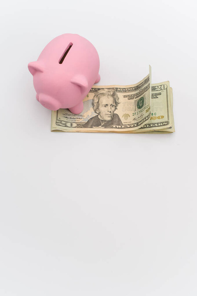 pink piggy bank and dollar banknotes on a white tabletop with copy space - Foto, Imagem