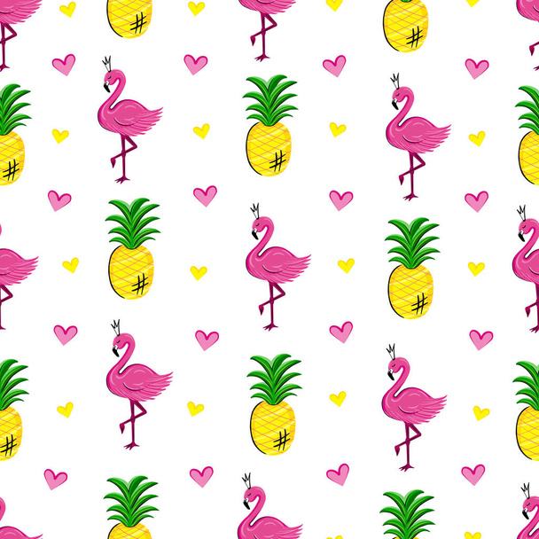 Flamingo, pineapple seamless pattern. Vector Illustration for printing, backgrounds, covers, packaging, greeting cards, posters, stickers, textile, seasonal design. Isolated on white background. - Wektor, obraz