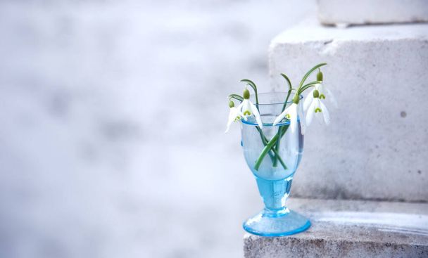 Kleiner Strauß Galanthus Nivalis Schneeglöckchen blüht in einem schussblauen Glas auf weißen Ziegeln, verschwommenem weißem und grauem Hintergrund. Selektiver Fokus. Banner, Postkarte - Foto, Bild