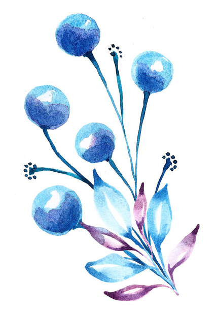 Pohlednice s větvemi, květinami a modrými listy. - Fotografie, Obrázek