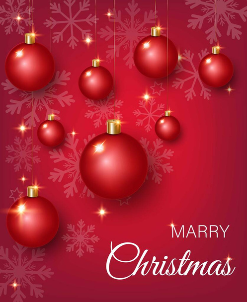 červené vánoční pozadí s vánočními míčky, sněhové vločky a novoroční světla. Koncept pohlednice nebo pozvánky na nový rok, párty. Vektorová ilustrace - Vektor, obrázek