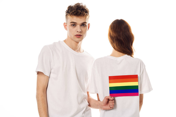 young couple lgbt Flag transgender lifestyle light background - Фото, изображение