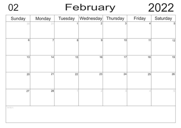 Calendar February 2022 schedule with blank note for to do list on paper background. Planner February 2022. Empty cells of planner. Monthly organizer. Calendar 2022. To do list Letter format - Photo, Image