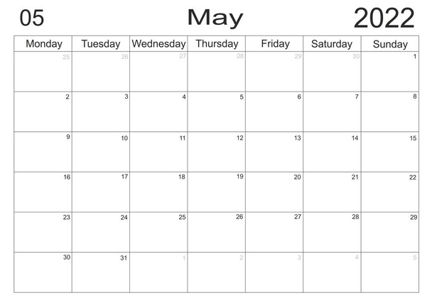 Calendar May 2022 schedule with blank note for to do list on paper background. Planner May 2022. Empty cells of planner. Monthly organizer. Calendar 2022. To do list Letter format - Photo, Image