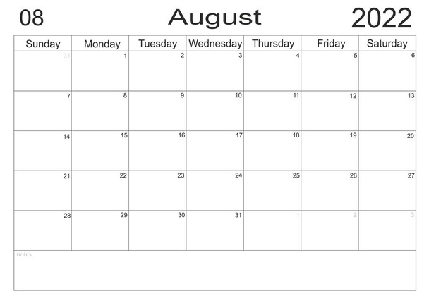 Kalendarz sierpień 2022 harmonogram z pustą notatką do zrobienia listy na papierowym tle. Planer sierpień 2022. Puste komórki planisty. Miesięczny organizator. Kalendarz 2022. Niedziela początek - Zdjęcie, obraz