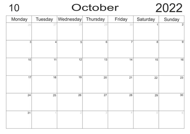 Calendar October 2022 schedule with blank note for to do list on paper background. Planner October 2022. Empty cells of planner. Monthly organizer. Calendar 2022. To do list Letter format - Photo, Image