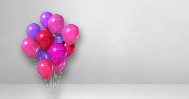 Pink balloons bunch on a white wall background. Horizontal banner. 3D illustration render - Foto, Imagen