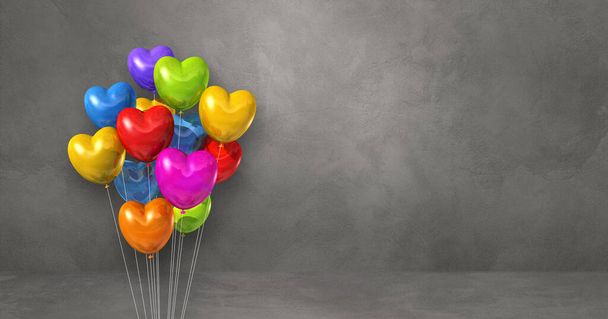 Colorful heart shape balloons bunch on a grey wall background. Horizontal banner. 3D illustration render - Foto, Imagen