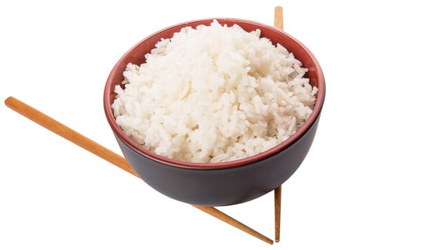 Riisikulho ja syömäpuikko valkoisella pohjalla.
 - Valokuva, kuva