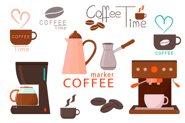 Set coffee maker vector illustration isolated on white. Lettering coffee time, cup, turka, ibrik. For label and poster - Vector, Image