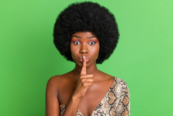 Photo of charming serious dark skin lady wear print costume finger lips asking not tell secrets isolated green color background - Φωτογραφία, εικόνα