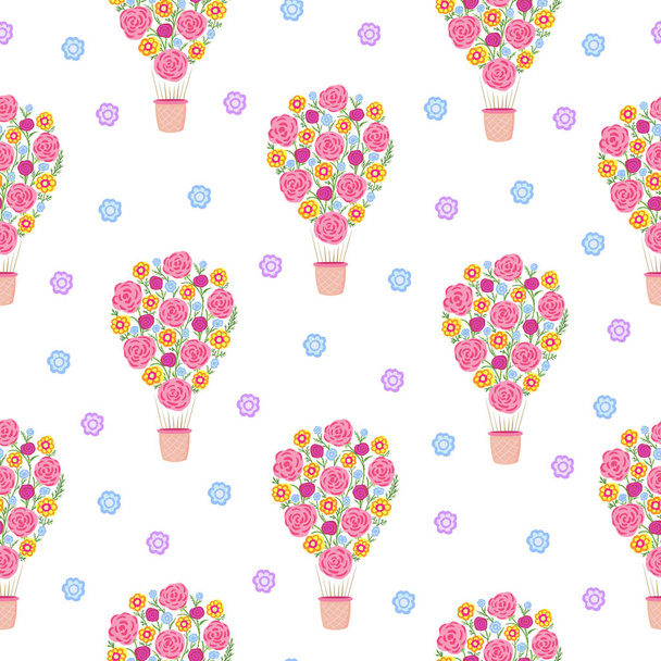 Floral air balloon with flowers seamless pattern. Vector Illustration for printing, backgrounds, covers, packaging, greeting cards, posters, stickers, textile, seasonal design. - Vektori, kuva