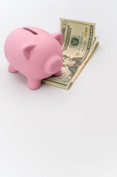 pink piggy bank and dollar banknotes on a white tabletop with copy space - Photo, Image