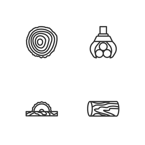 Set line Dřevěný kmen, Elektrická kruhová pila, Stromový kroužek a Gapple jeřáb popadl ikonu. Vektor - Vektor, obrázek