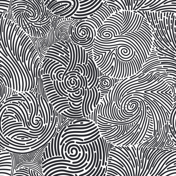 Abstract seamless pattern. Vector skein. Texture of noodles and spaghetti. Fingerprint identification. Graphic black print on white background. Ink ornament - Vector, Image