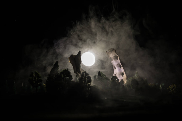 Conceito surreal abstrato. Osso animal gigante na floresta escura sob o luar. Noite com nevoeiro e luz no fundo. Foco seletivo - Foto, Imagem