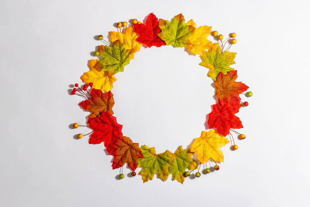 Podzimní složení rámu, izolované na bílém pozadí. Věnec z barevných javorových listů a bobulí, plochý ležel - Fotografie, Obrázek