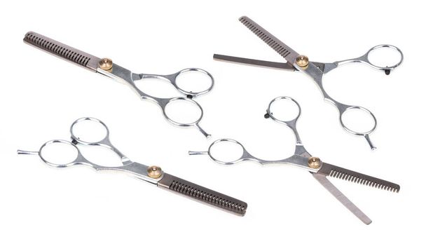 Coleção de profissional Metal corte de cabelo Thinning Tesoura Barbeiro cisalhamento cabeleireiro Conjunto isolado no fundo branco. - Foto, Imagem