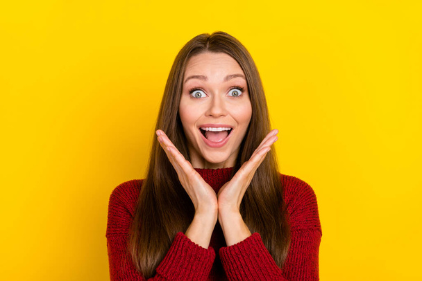 Photo of amazed shocked young woman hold hands face astonished sale isolated on yellow color background - Φωτογραφία, εικόνα