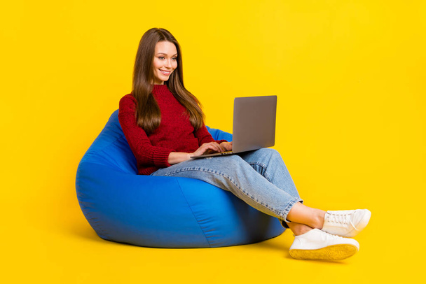 Full body photo of cheerful young woman sit chair look laptop work isolated on shine yellow color background - Foto, immagini